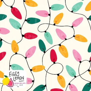Puede incluir: Patrón sin costuras con luces navideñas de colores rojo, rosa, turquesa y amarillo sobre un fondo crema. Las luces están unidas por cables negros. El diseño incluye el texto "Figgy Lemon Market".