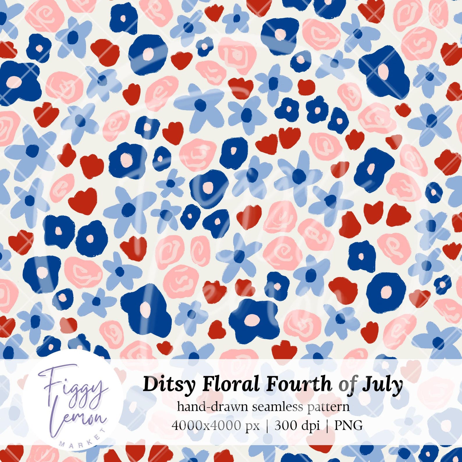 Ditsy Floral Fourth of July Red White Blue Flowers Hand Drawn Seamless ...