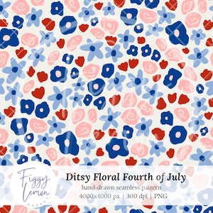 Könnte beinhalten: Ein nahtloses Muster mit handgezeichnetem Blumendesign in Rot, Weiß und Blau. Das Muster enthält verschiedene Blumenformen und abstrakte Elemente, ideal für Projekte zum Thema 4. Juli. Das Design befindet sich auf weißem Hintergrund.