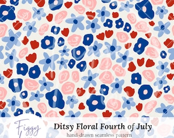 Ditsy Floral Fourth of July Red White Blue Flowers Hand Drawn Seamless Pattern 300 DPI PNG Download Vinyl Fabric Surface Design Sublimation