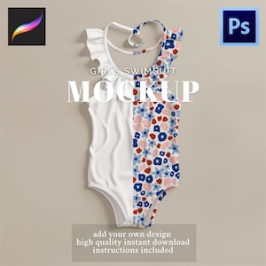 May include: A white and floral print swimsuit mockup. The swimsuit has a white front and a patterned back with red, blue, and pink flowers. The text "GIRLS SWIMSUIT MOCKUP" is displayed above the swimsuit. The bottom of the image reads "add your own design high quality instant download instructions included".