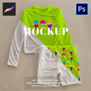 May include: A neon green and white swim set mockup. The long-sleeved top features a graphic of three ice cream cones. The shorts have a colorful ice cream cone pattern. Text on the image reads "BOY SWIM SET MOCKUP".
