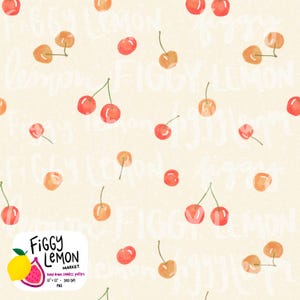 May include: Seamless pattern featuring watercolor cherries in shades of red and orange, scattered on a cream-colored background. The design includes the text "FIGGY LEMON MARKET" and product details.