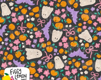 Halloween Ditsy Floral Coquette Ghost Hand Drawn Seamless Pattern 300 DPI PNG Download Vinyl Fabric Surface Design Sublimation Cute Spooky