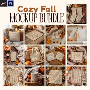 May include: A Cozy Fall Mockup Bundle featuring various items with a repeating leaf pattern. Includes a pillow, socks, earrings, a phone case, tote bag, mug, shirt, and more. The items are arranged with fall-themed decor.
