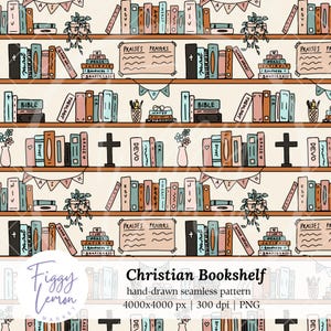 Christian Bookshelf Hand Drawn Seamless Pattern 300 DPI PNG Download for Digital Paper Vinyl Fabric Surface Design Sublimation Gift for Her