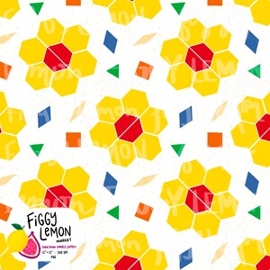 May include: Seamless pattern featuring yellow and red geometric flower shapes with the word "mon" in the center of each flower. The design includes blue diamonds, green triangles, and orange squares on a white background. The Figgy Lemon Market logo is in the lower left corner.