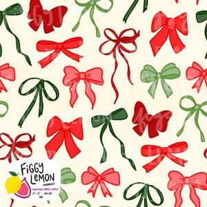 Coquette Christmas Hand Drawn Seamless Pattern | 300 DPI PNG Vinyl Fabric Surface Design Sublimation Holiday Red Green Pink Girly Cute Bows