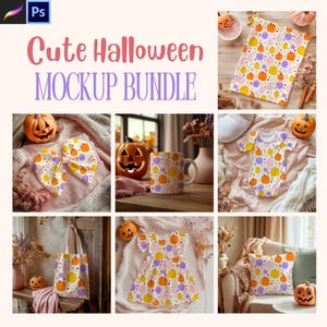 May include: A collection of Halloween-themed mockups featuring various products. The image includes a baby onesie, tote bag, dress, pillow, mug, and bow, all adorned with a repeating pattern of orange, yellow, and purple pumpkins on a white background. The text "Cute Halloween MOCKUP BUNDLE" is displayed.