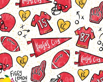 Kansas City Football Red Gold Hand Drawn Seamless Pattern | 300 DPI PNG Vinyl Fabric Surface Design Sublimation Fall Sports Watercolor