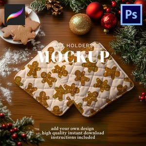 May include: Two square pot holders with a gingerbread man pattern are displayed on a wooden surface, surrounded by Christmas decorations. The pot holders have a quilted design and a cream background. The text "POT HOLDERS MOCKUP" is visible.