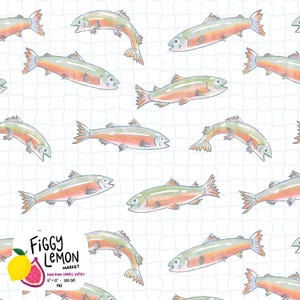 May include: A seamless digital pattern featuring hand-drawn illustrations of rainbow trout in shades of orange, pink, and green against a white background with a light blue grid. A logo with the text Figgy Lemon Market is in the corner.