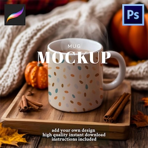 May include: A white ceramic mug with a colorful dot pattern, filled with a warm beverage and steam rising. The mug is on a wooden tray with cinnamon sticks, a small pumpkin, and the word MOCKUP. The text "add your own design" is also visible.
