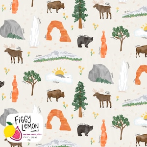 May include: Seamless pattern featuring illustrations of a bear, moose, bison, trees, rock formations, and a sun. The pattern includes the text "Figgy Lemon Market" and "hand drawn seamless pattern 12" x 12" 300 DPI PNG".