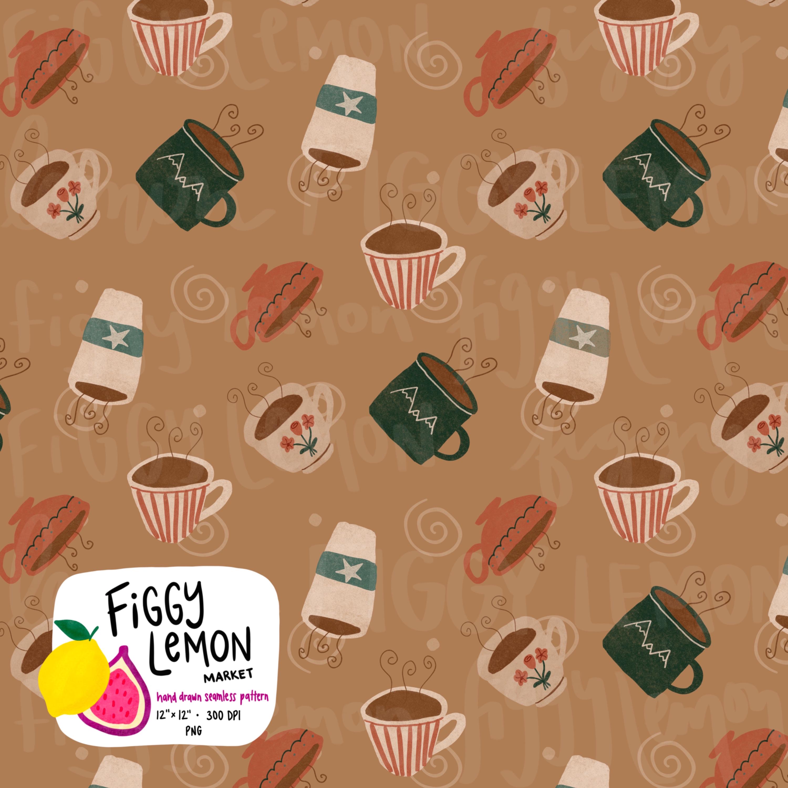 Cozy Autumn Coffee Hand Drawn Seamless Pattern 300 DPI PNG Download Vinyl Fabric Surface Design Sublimation Cute Fall Crafts Fall Java Print