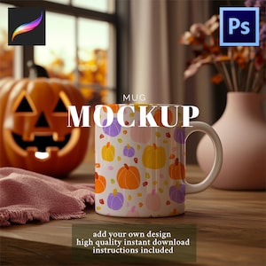 May include: A white mug with a pumpkin pattern in orange, yellow, and purple. The word "MUG MOCKUP" is printed on the mug. The image also includes a carved pumpkin, a pink vase, and text that reads "add your own design high quality instant download instructions included."