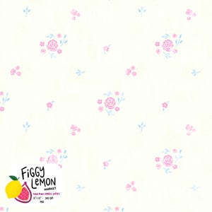 May include: A seamless pattern featuring a cream background with scattered pink roses and small blue leaves. The design includes the text "Figgy Lemon Market" and details about the pattern's size and resolution.
