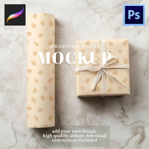 May include: A mockup of wrapping paper with a beige background and a repeating pattern of autumn leaves. The words "WRAPPING PAPER MOCKUP" are displayed in large white letters. A wrapped gift is tied with a ribbon. The text "add your own design" is also visible.