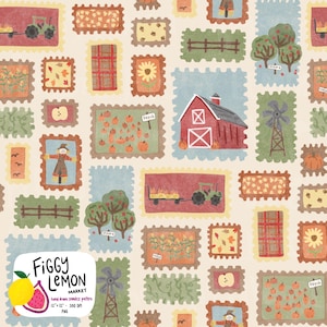 May include: A seamless pattern featuring various rectangular postage stamp-style illustrations of farm life, including a red barn, tractors, windmills, pumpkin patches, apple orchards, scarecrows, cornfields, and plaid textures on a cream background.