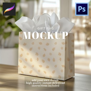 May include: A beige gift bag mockup with a repeating pattern of light brown leaves. The bag is filled with white tissue paper and has the words "GIFT BAG MOCKUP" printed on it. The text "add your own design, high quality instant download, instructions included" is at the bottom.
