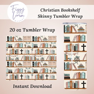 Bicchiere sottile da 20 oz Christian Seamless Bookshelf / PNG a 300 dpi, download immediato per sublimazione, tazza da caffè e acqua Faith, regalo per lei