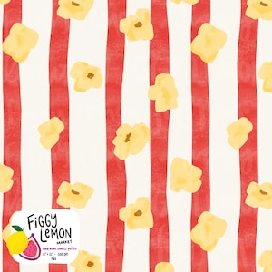 May include: Seamless pattern featuring yellow popcorn kernels scattered over a background of red and white vertical stripes. The design has a hand-drawn aesthetic, with a playful and whimsical feel. The Figgy Lemon Market logo is in the bottom left corner.