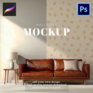 May include: A brown leather sofa with two beige pillows sits in front of a wall. The wall is split, with one side plain and the other patterned with leaves. The word "MOCKUP" is displayed in large white letters. Text at the bottom reads "add your own design".