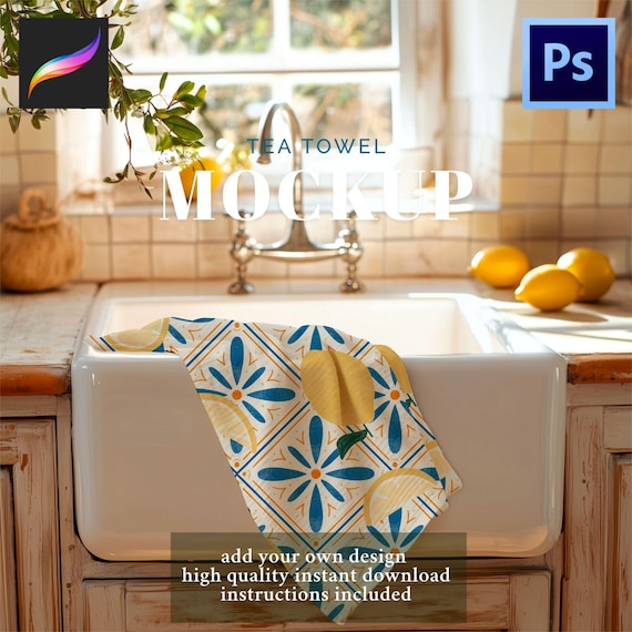 Kitchen Tea Towel Mockup Italian Summer Aesthetic Procreate Photoshop Seamless Patterns Digital Download Template High Resolution Realistic