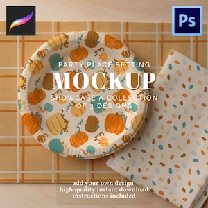 May include: A party place setting mockup featuring a plate and a napkin. The plate has a pumpkin design in orange, teal, and cream. The napkin has a scattered pattern of colorful ovals. The text on the plate reads "MOCKUP" and "SHOWCASE A COLLECTION OF 3 DESIGNS."
