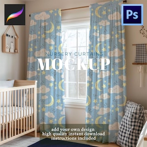Può includere: Tende per cameretta azzurre con un motivo ripetuto di lune gialle, stelle e nuvole che dormono. Le tende sono esposte in un ambiente di cameretta, con il testo "NURSERY CURTAINS MOCKUP" sovrapposto al design. Il testo aggiuntivo in basso recita "add your own design".
