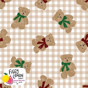 Christmas Bears with Red Green Bows Gingham Hand Drawn Seamless Pattern | 300 DPI PNG Fabric Sublimation Baby Gender Neutral Holiday Design