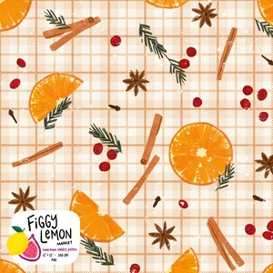 May include: Seamless pattern featuring orange slices, cinnamon sticks, star anise, cranberries, and sprigs of greenery on a plaid background. The design includes the text "Figgy Lemon Market" and product details.