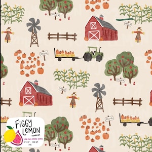May include: A hand-drawn seamless pattern featuring a farm scene with red barns, green tractors, pumpkins, scarecrows, and orchards. The design includes the text "Figgy Lemon Market" and the dimensions 12" x 12".