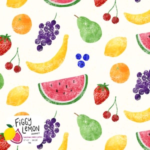 May include: A repeating pattern of hand-drawn fruit illustrations. The design includes bananas, grapes, oranges, strawberries, cherries, pears, lemons, blueberries, and watermelon slices on a cream background. The pattern is suitable for various applications.