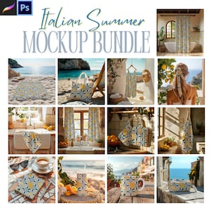 Può includere: Immagine di un "Italian Summer Mockup Bundle" con vari prodotti con un motivo floreale blu e giallo ripetuto. Gli articoli includono un telo da mare, una borsa tote, un vestito, una tenda da doccia, canovacci, sottobicchieri, una tazza e un astuccio.