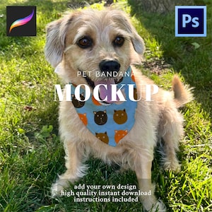 May include: A tan dog wearing a light blue pet bandana with a repeating pattern of brown and orange cat faces. The word "MOCKUP" is displayed in large white letters. The text "PET BANDANA" is above the word "MOCKUP". The text "add your own design high quality instant download instructions included" is below the word "MOCKUP".