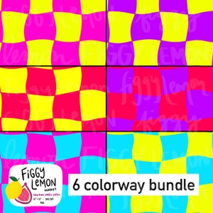 May include: A six-panel image showcasing a seamless pattern in various color combinations. The pattern features a wavy checkerboard design with bright colors like pink, yellow, purple, and blue. The text "Figgy Lemon Market" and "6 colorway bundle" are also visible.