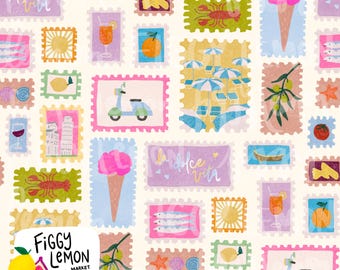 Italian Summer Stamps Aesthetic Hand Drawn Seamless Pattern 300 DPI PNG Download Vinyl Fabric Surface Design Sublimation Italy Beach Amalfi