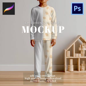 May include: Children's pajamas mockup. The long-sleeved top and pants are split vertically, with one side solid light gray and the other side cream-colored with a leaf pattern. The text "CHILDREN'S PAJAMAS MOCKUP" is displayed.