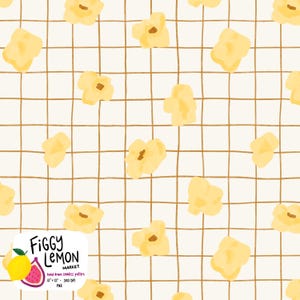 May include: Seamless pattern featuring yellow popcorn kernels scattered on a cream-colored background with a brown grid overlay. The design includes the text "Figgy Lemon Market" and details about the pattern's size and resolution.
