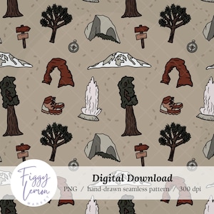 May include: A seamless pattern featuring hand-drawn illustrations of national park landmarks, including a mountain, a geyser, a rock formation, a tree, a compass, hiking boots, and a signpost. The pattern is on a beige background.