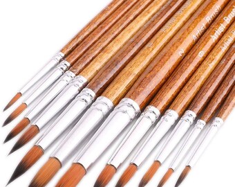 May include: A set of 12 round-tipped paint brushes with wooden handles and silver ferrules. The brushes are arranged in order of size, with the largest brush at the top and the smallest brush at the bottom.