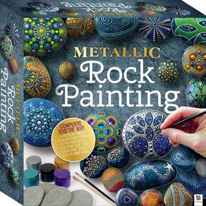 May include: A complete metallic rock painting kit with four metallic paints, a black base paint, a fine point brush, a dotting tool, four large river stones, and a 24-page book. The kit includes a variety of painted rocks with metallic accents.