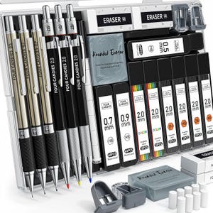 May include: A set of mechanical pencils and lead refills in a clear plastic case. The set includes a kneaded eraser, a pencil sharpener, and a variety of lead sizes, including 0.5 mm, 0.7 mm, 0.9 mm, and 2.0 mm. The pencils are black with silver accents and the lead refills are in black and silver boxes.