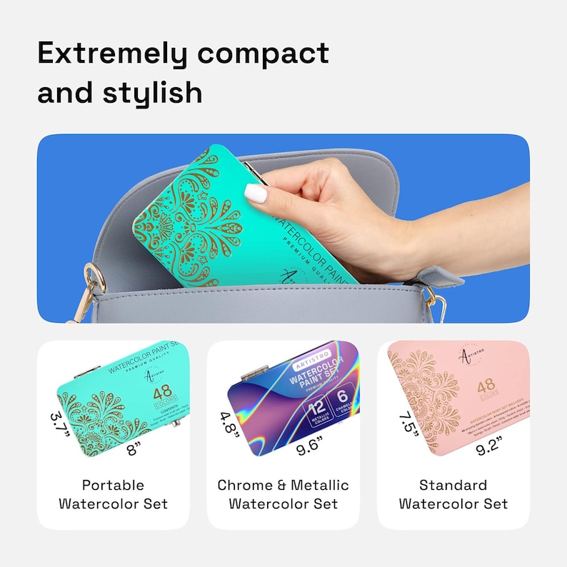 May include: Three watercolor paint sets with different designs. The first set is turquoise with gold accents and says "Watercolor Paint Set" and "48 Colors". The second set is chrome and metallic with a rainbow design and says "Artistac Watercolor Paint Set" and "12 Colors". The third set is pink with gold accents and says "48 Colors".