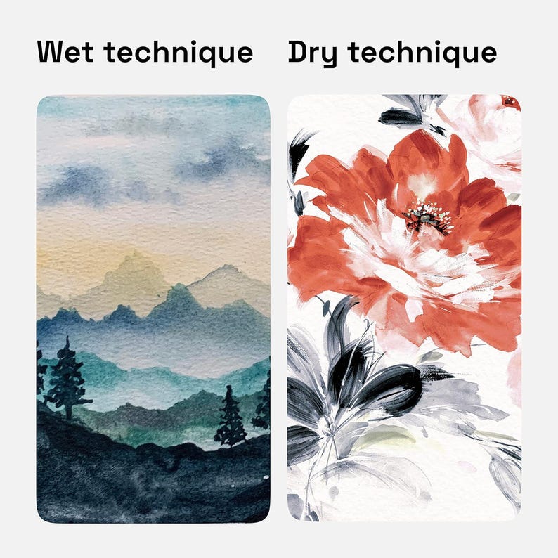 May include: Two watercolor paintings demonstrating wet and dry techniques. The wet technique painting shows a misty mountain landscape with a pale blue, green, and gray color scheme. The dry technique painting shows a close-up of a red flower with black and gray accents on a white background.