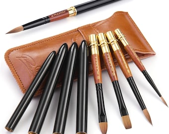 Kolinsky Sable Watercolor Travel Brush Set: 4pcs with Leather Pouch