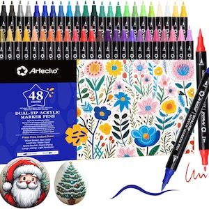 Artecho Acrylic Paint Markers 48 Colors, Acrylic Paint Pens with Brush Tip and Fine Tip for Stone, Rock Painting, Paper, Pumpkin DIY Crafts