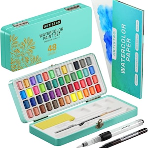 May include: A set of 48 watercolor paints in a teal metal tin with a floral design. The tin is open and shows the paint pans arranged in rows. The set also includes two brushes and a sheet of watercolor paper. The paper is 7.5 inches by 10.8 inches and is 300 gsm. It is acid-free.