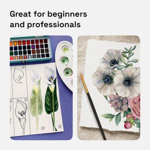May include: A set of watercolor paints with a palette and a sheet of paper with a drawing of a calla lily. The drawing shows different steps for drawing the flower. The text on the paper says "Great for beginners and professionals".